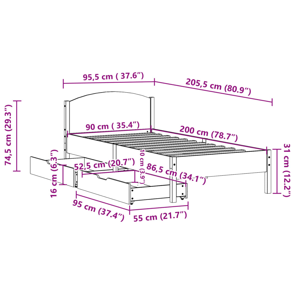 vidaXL Cadre de lit sans matelas blanc 90x200 cm bois de pin massif