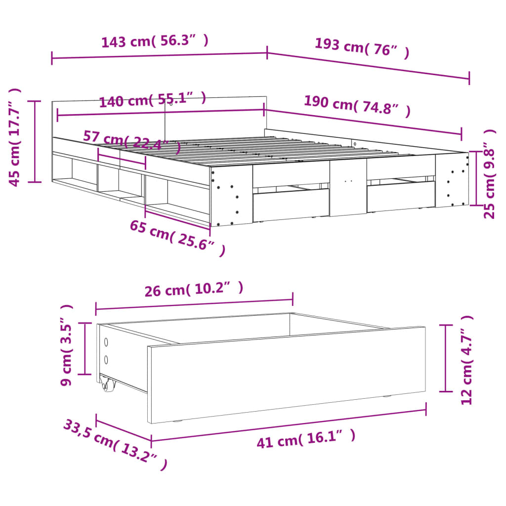 vidaXL Cadre de lit avec tiroirs sans matelas gris béton 140x190 cm