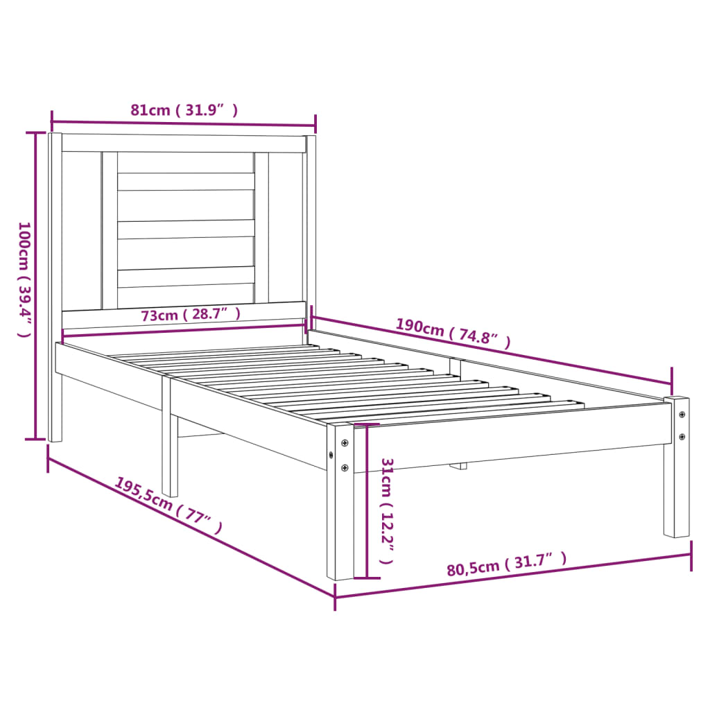 vidaXL Cadre de lit Blanc Bois massif 75x190 cm Petit simple