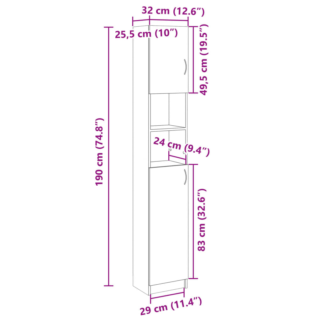 vidaXL Armoire de salle de bain Chêne sonoma 32x25,5x190 cm Aggloméré