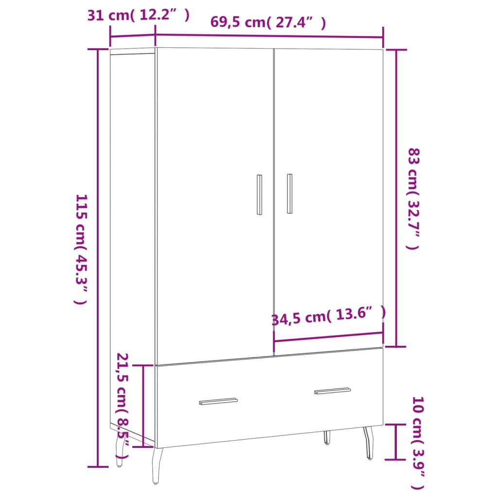 vidaXL Buffet haut chêne sonoma 69,5x31x115 cm bois d'ingénierie