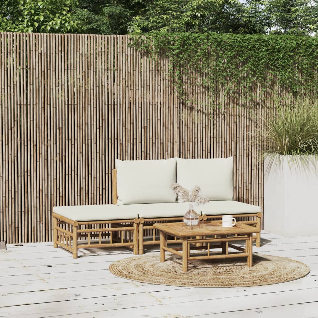 vidaXL Salon de jardin 4 pcs avec coussins blanc crème bambou