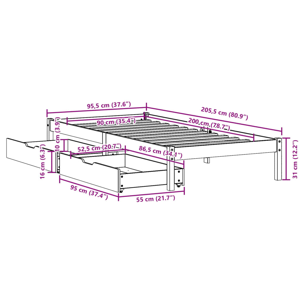 vidaXL Cadre de lit sans matelas blanc 90x200 cm bois de pin massif