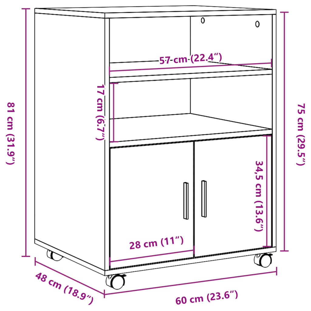 vidaXL Armoire à roulettes noir 60x48x81 cm bois d'ingénierie