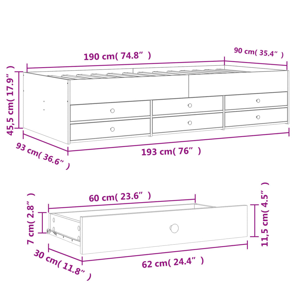 vidaXL Lit de jour avec tiroirs sans matelas noir 90x190 cm