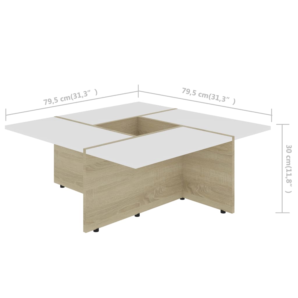 vidaXL Table basse Blanc et chêne sonoma 79,5x79,5x30 cm Aggloméré