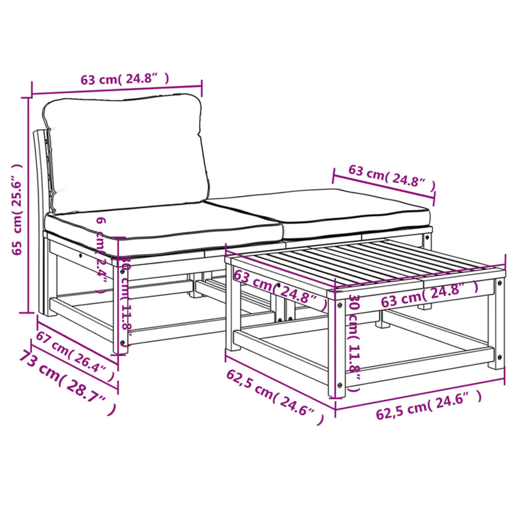 vidaXL Salon de jardin 3 pcs avec coussins bois massif d'acacia