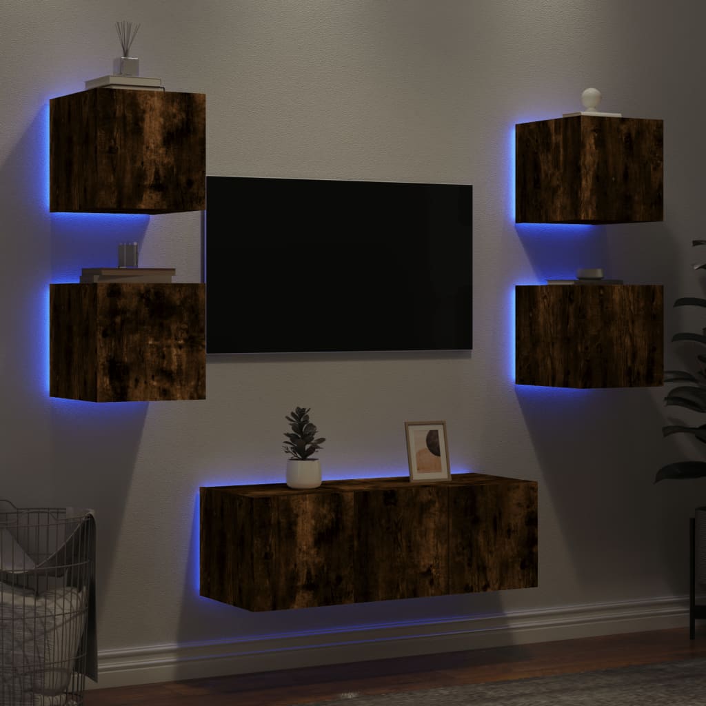 vidaXL Unités murales TV avec LED 6 pcs chêne fumé bois d'ingénierie