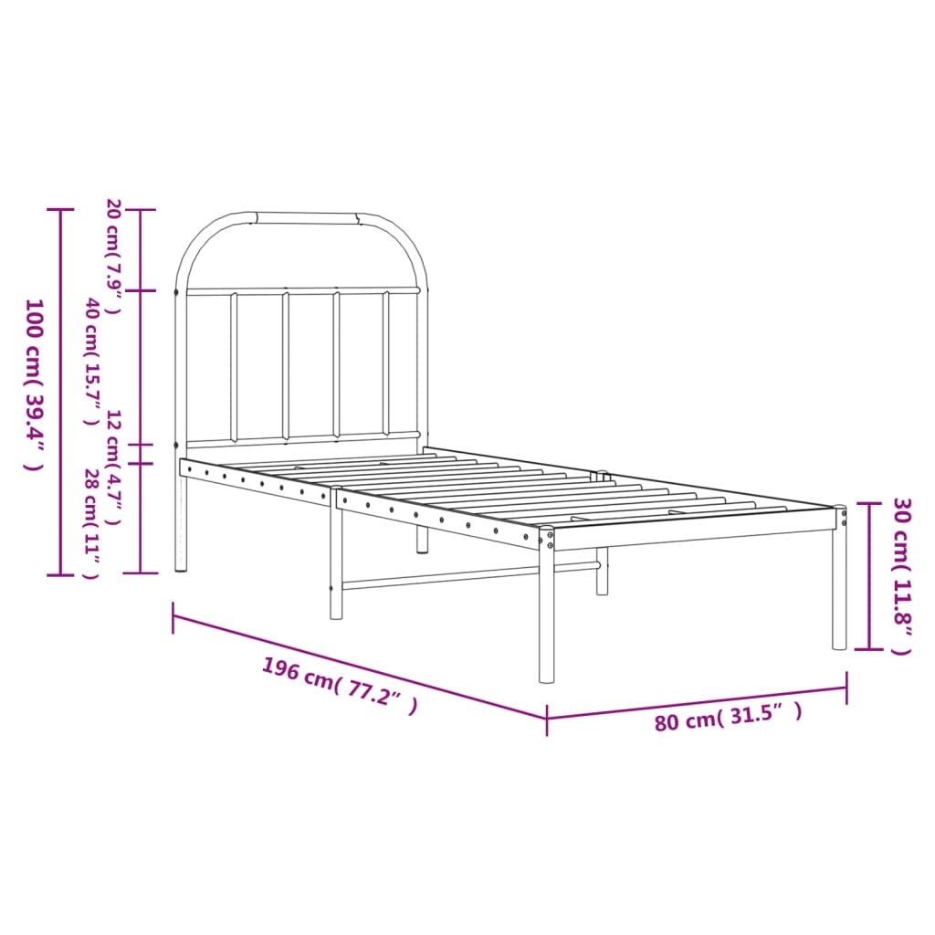 vidaXL Cadre de lit métal sans matelas avec tête de lit noir 75x190 cm