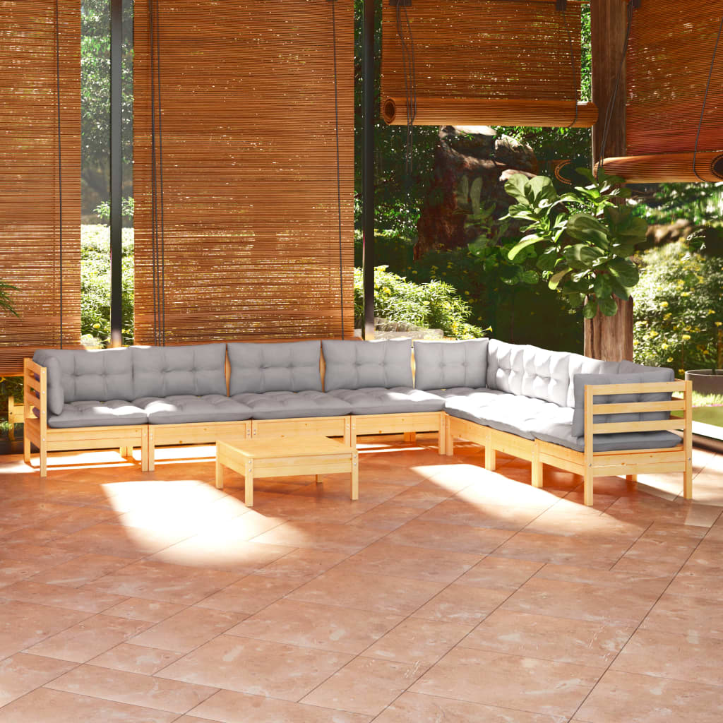 vidaXL Salon de jardin 9 pcs avec coussins gris Bois de pin solide