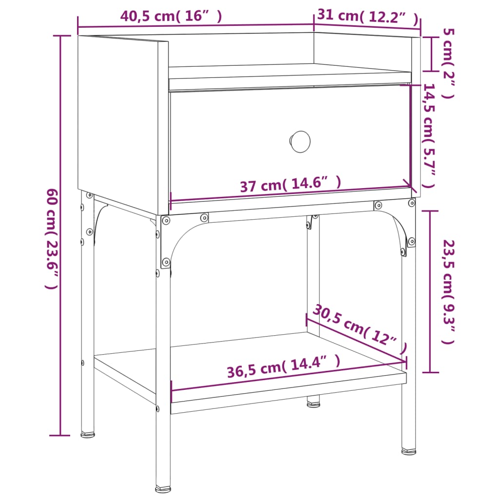 vidaXL Tables de chevet 2pcs chêne sonoma 40,5x31x60cm bois ingénierie
