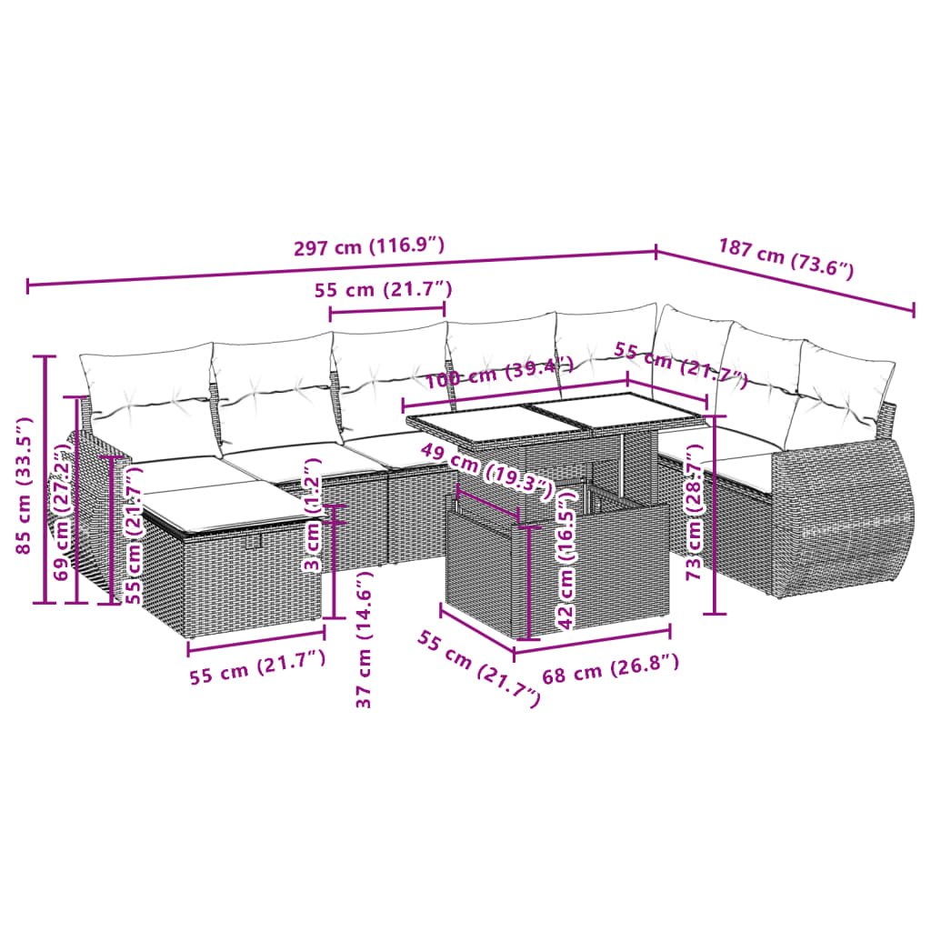 vidaXL Salon de jardin 9 pcs avec coussins noir résine tressée