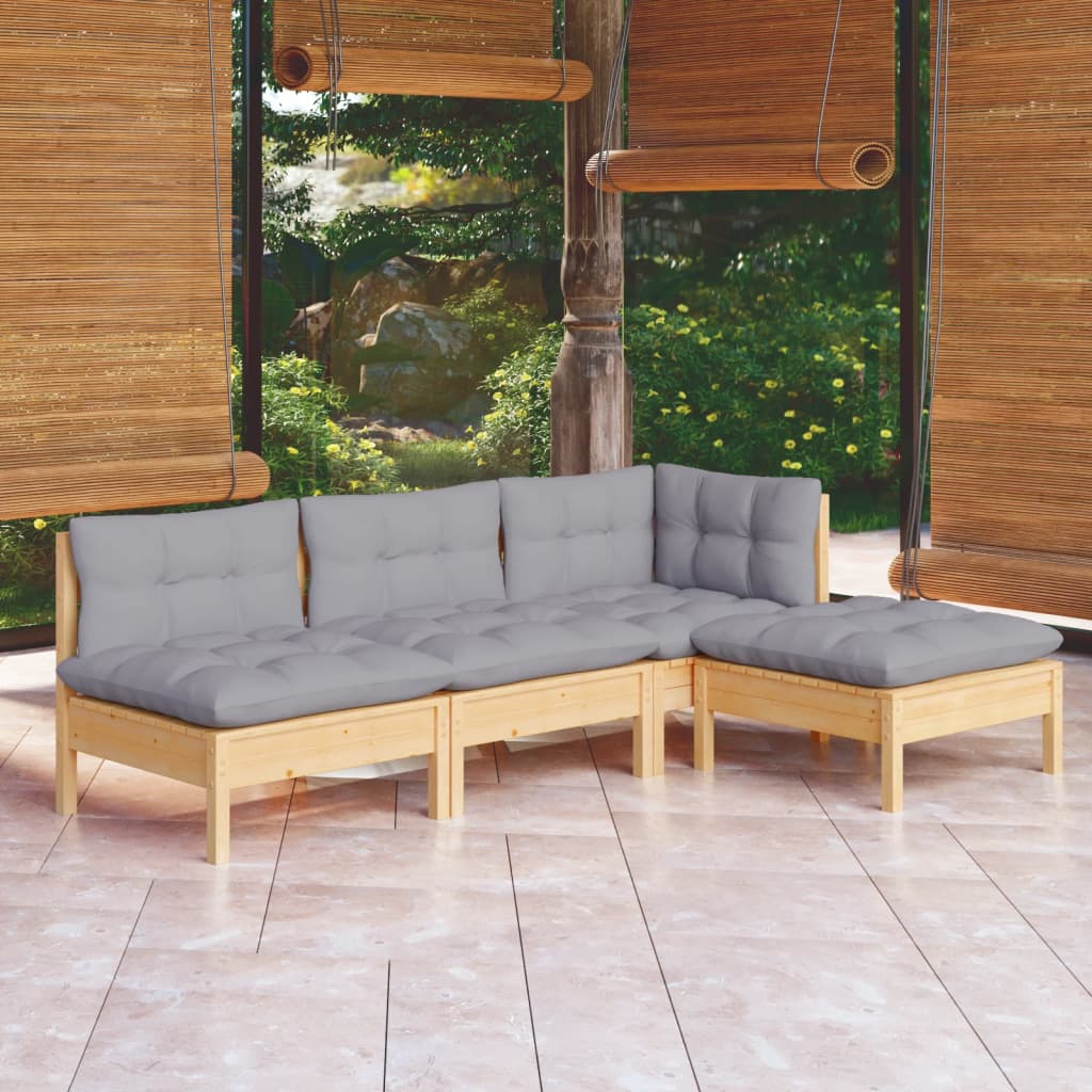 vidaXL Salon de jardin 4 pcs avec coussins gris bois de pin