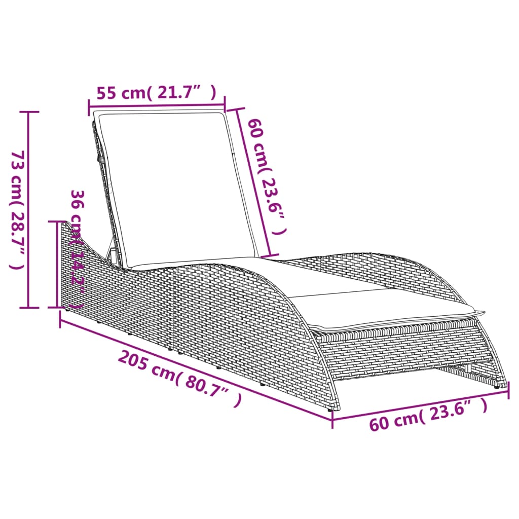 vidaXL Chaise longue avec coussin gris 60x205x73 cm résine tressée