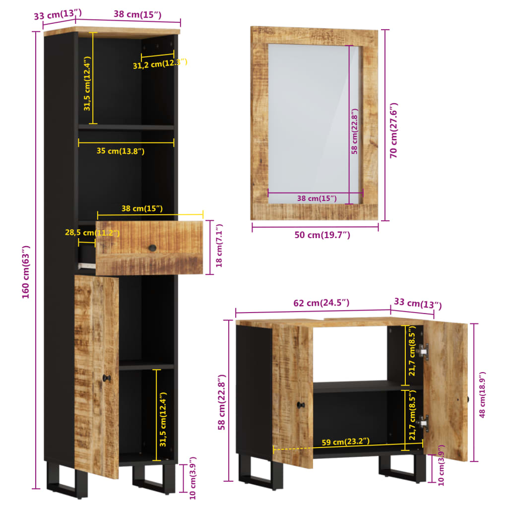 vidaXL Ensemble de meubles de salle de bain 3 pcs bois manguier massif