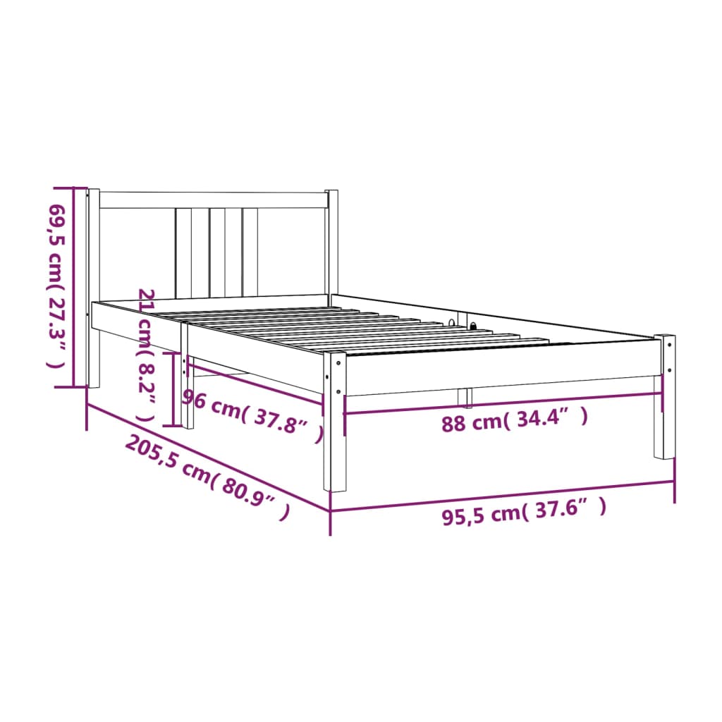 vidaXL Cadre de lit Blanc Bois massif 90x200 cm