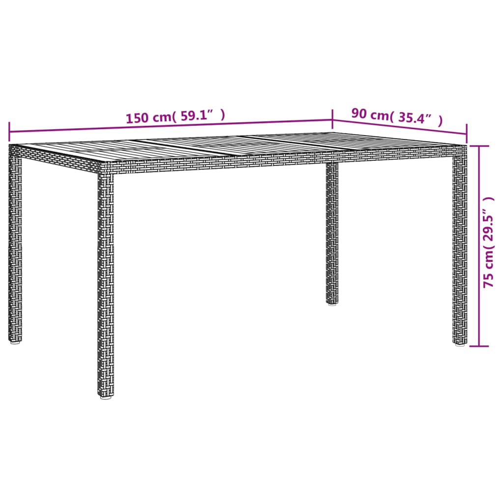 vidaXL Table de jardin 150x90x75 cm Résine tressée et bois acacia Noir