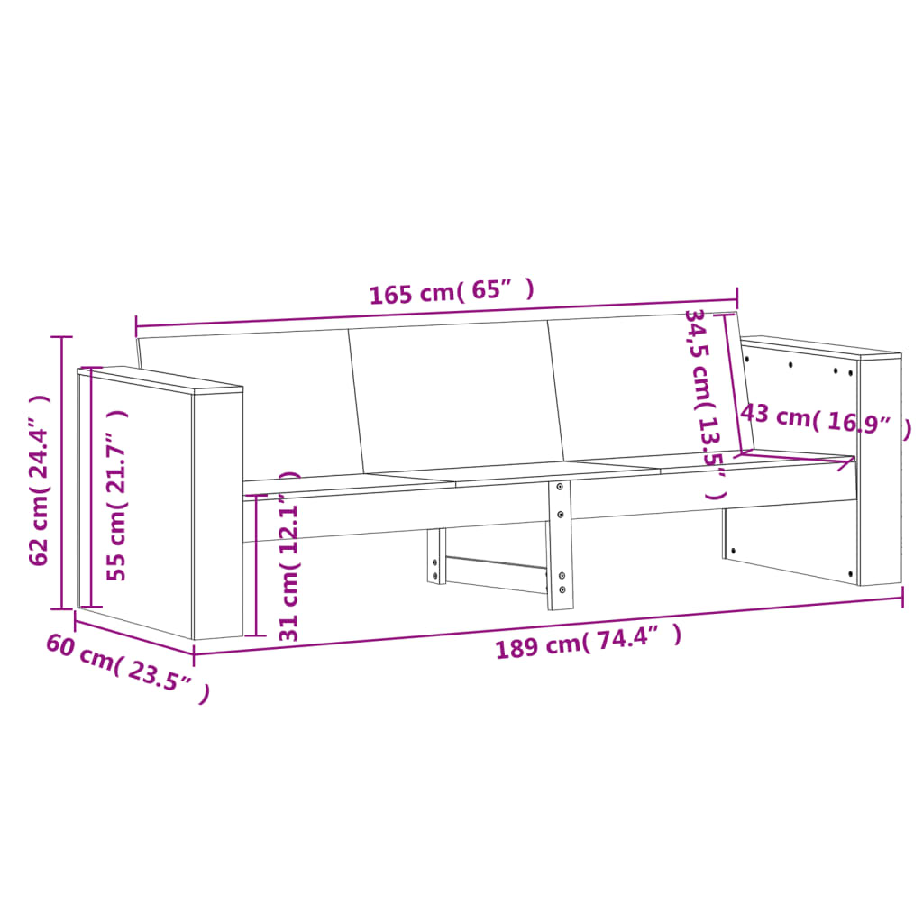 vidaXL Canapé de jardin 3 places 189x60x62 cm bois massif de douglas