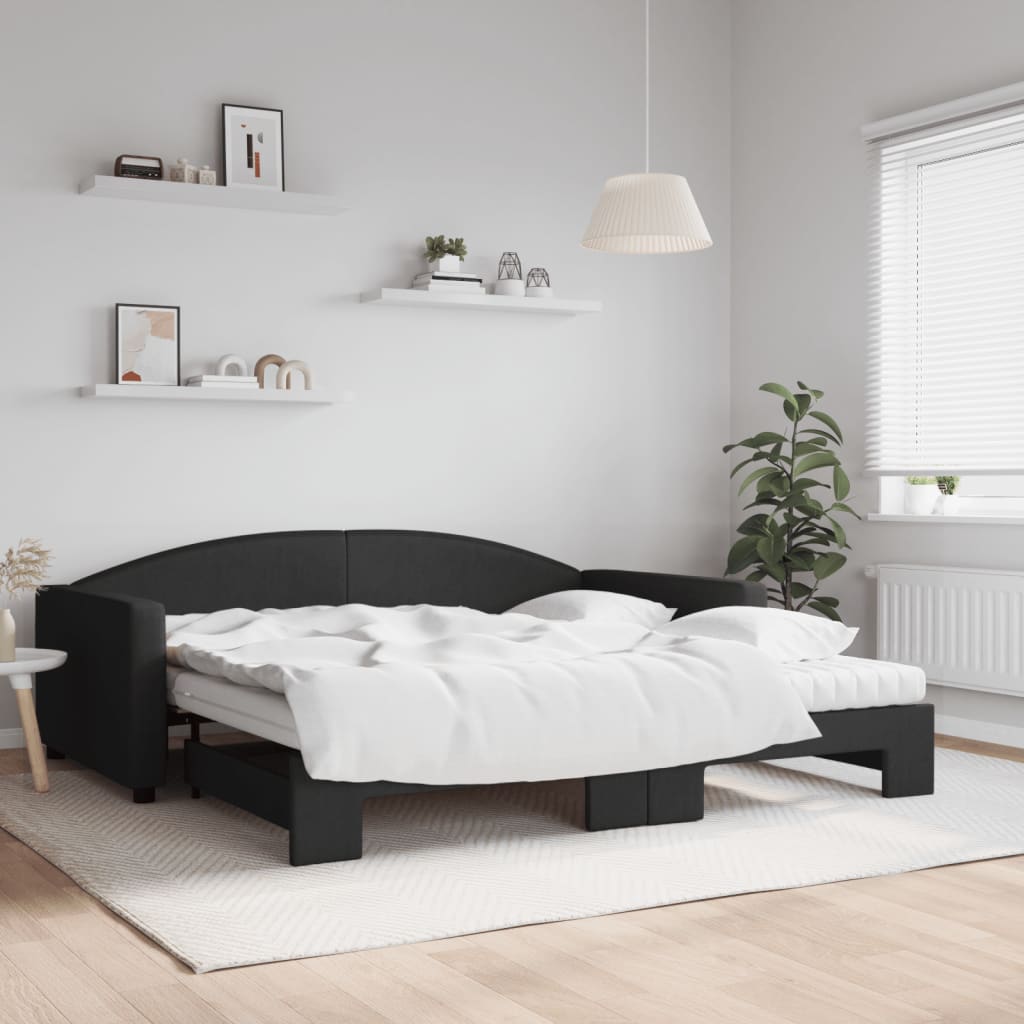 vidaXL Lit de jour avec gigogne et matelas noir 100x200 cm tissu