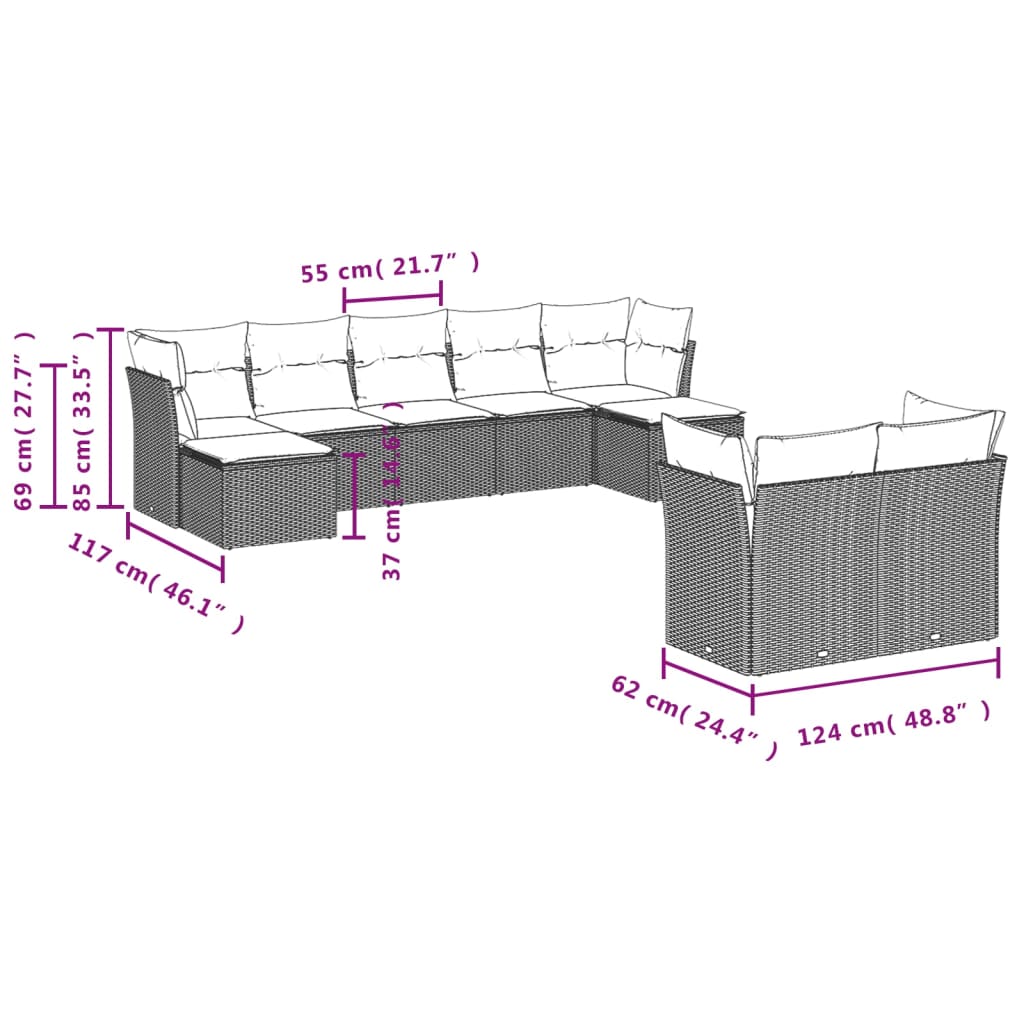 vidaXL Salon de jardin avec coussins 9 pcs beige résine tressée