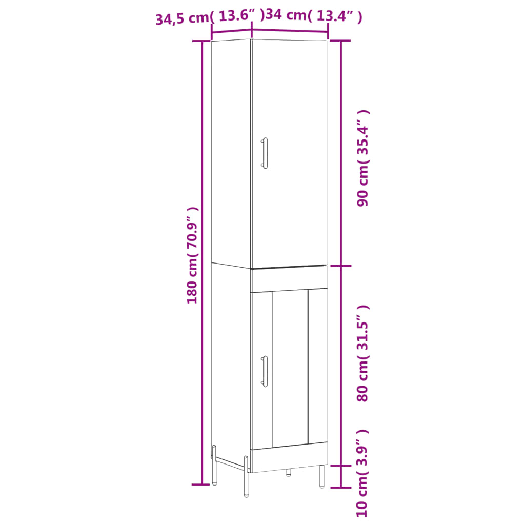 vidaXL Buffet haut Chêne fumé 34,5x34x180 cm Bois d'ingénierie