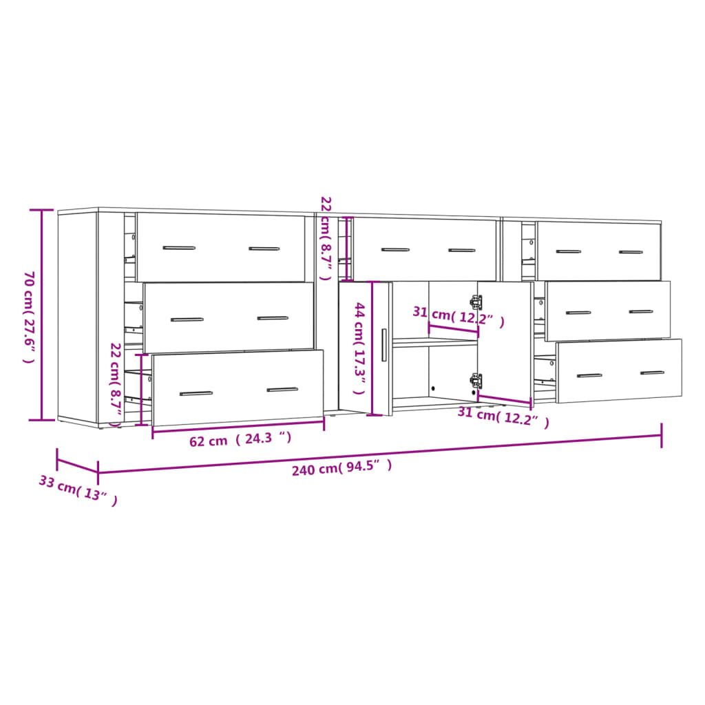 vidaXL Buffets 3 pcs Blanc Bois d'ingénierie