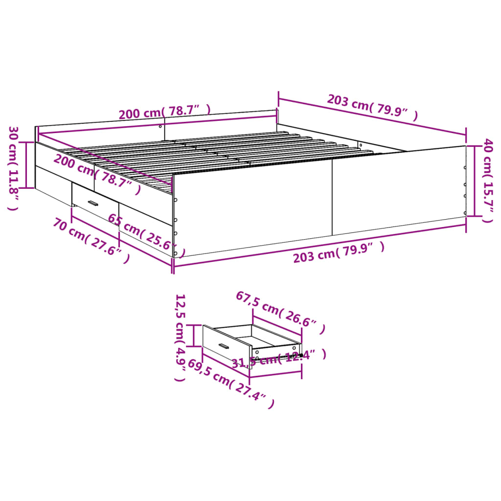 vidaXL Cadre de lit avec tiroirs sans matelas chêne sonoma 200x200 cm