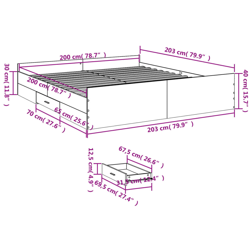 vidaXL Cadre de lit avec tiroirs sans matelas sonoma gris 200x200 cm