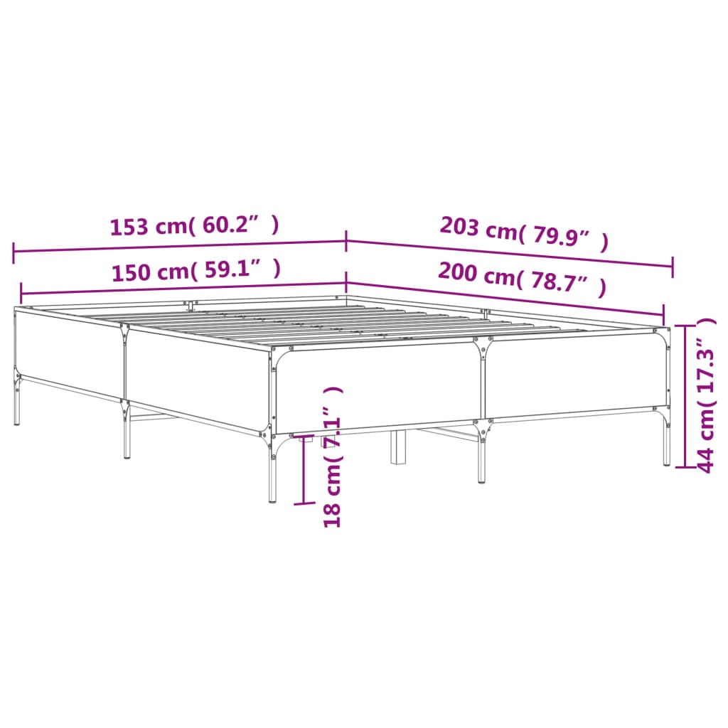 vidaXL Cadre de lit chêne marron 150x200 cm bois d'ingénierie et métal