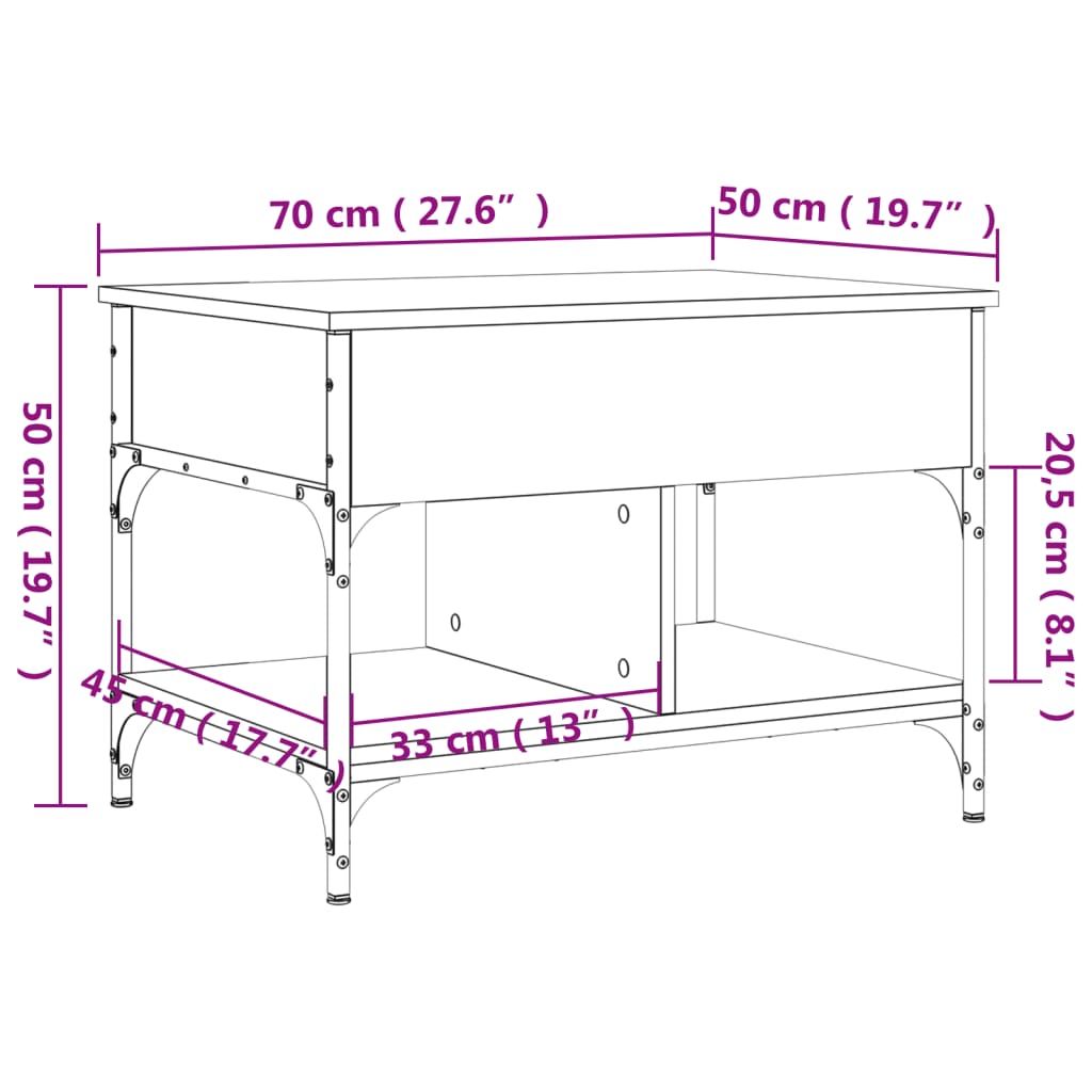 vidaXL Table basse chêne sonoma 70x50x50 cm bois d'ingénierie et métal