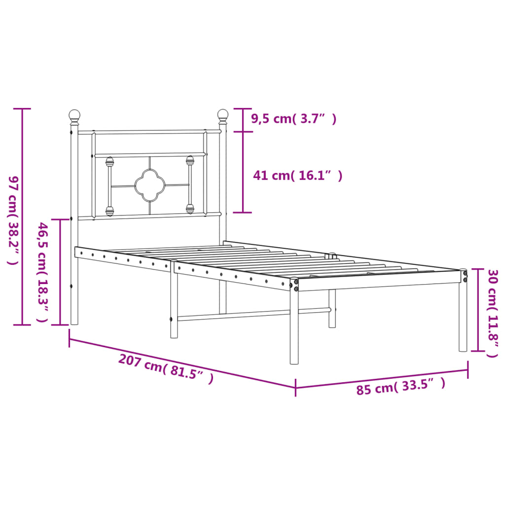 vidaXL Cadre de lit métal sans matelas avec tête de lit noir 80x200 cm