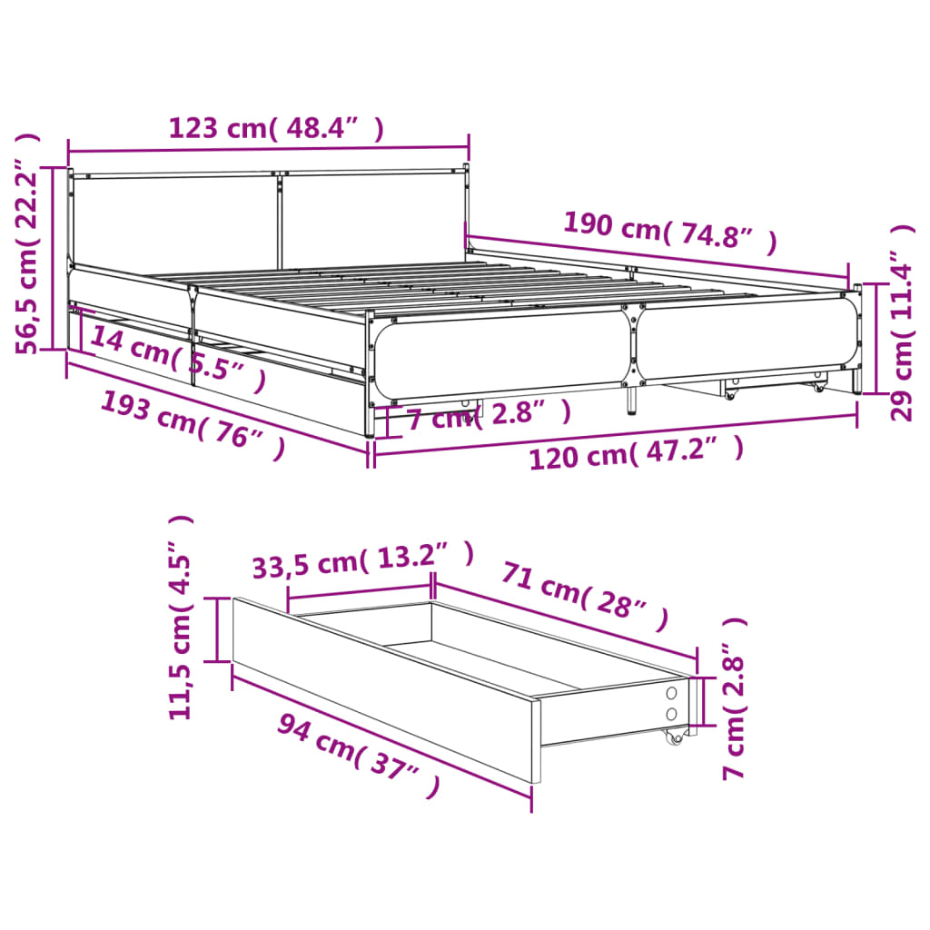 vidaXL Cadre de lit et tiroirs sonoma gris 120x190 cm bois ingénierie