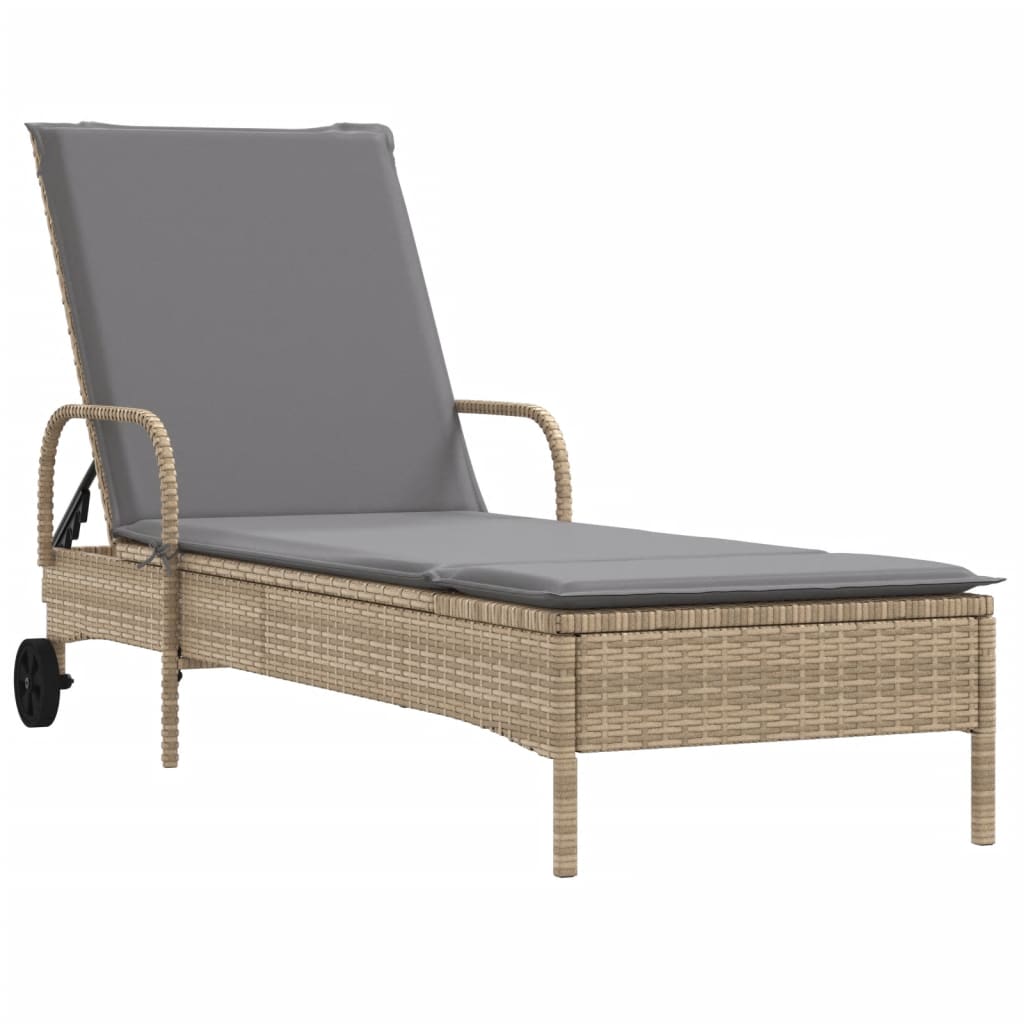 vidaXL Chaise longue avec roues et coussin beige résine tressée