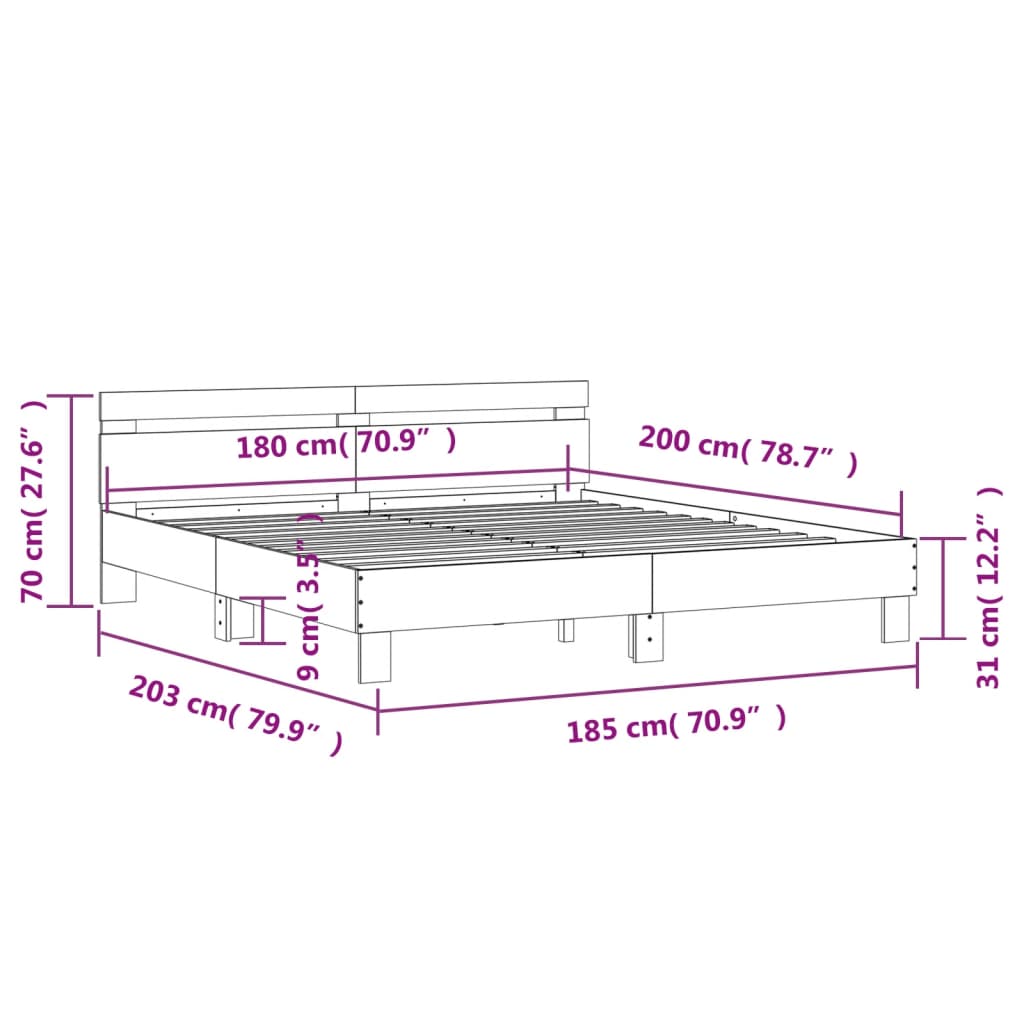 vidaXL Cadre de lit avec LED sans matelas gris béton 180x200 cm