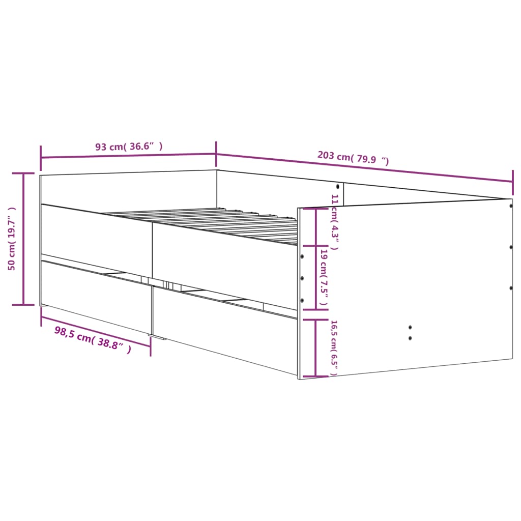 vidaXL Cadre de lit avec tiroirs sans matelas gris béton 90x200 cm