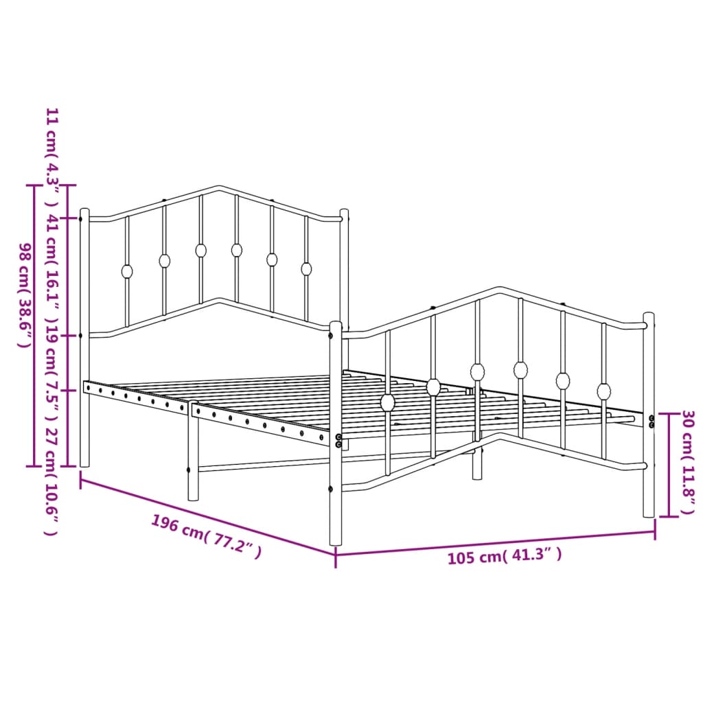 vidaXL Cadre de lit métal sans matelas avec pied de lit noir 100x190cm