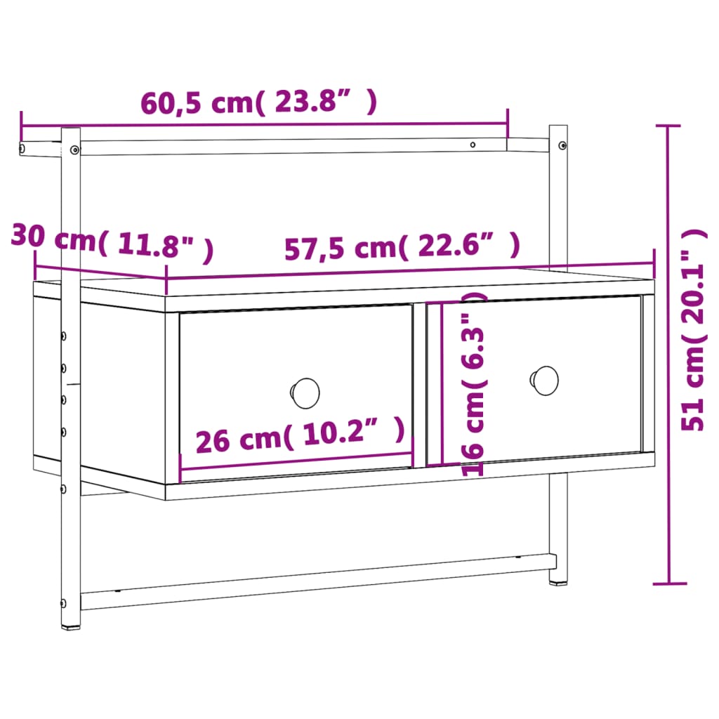 vidaXL Meuble TV mural sonoma gris 60,5x30x51 cm bois d'ingénierie