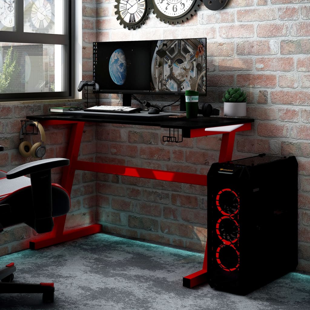 vidaXL Bureau de jeu à LED en forme de Z Noir et rouge 110x60x75 cm