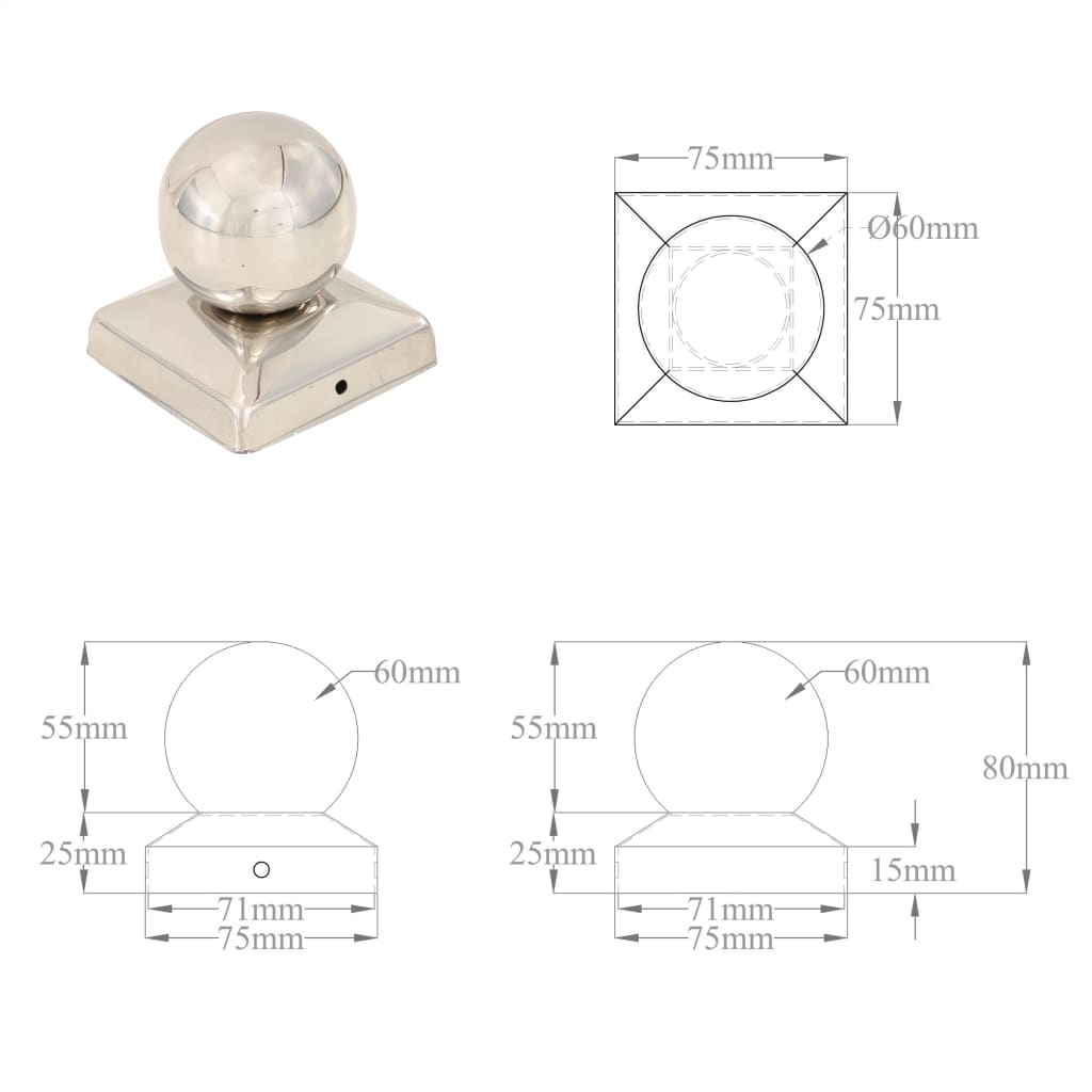 vidaXL Bouchons de poteau 6 pcs Globe final Acier inoxydable 71x71 mm