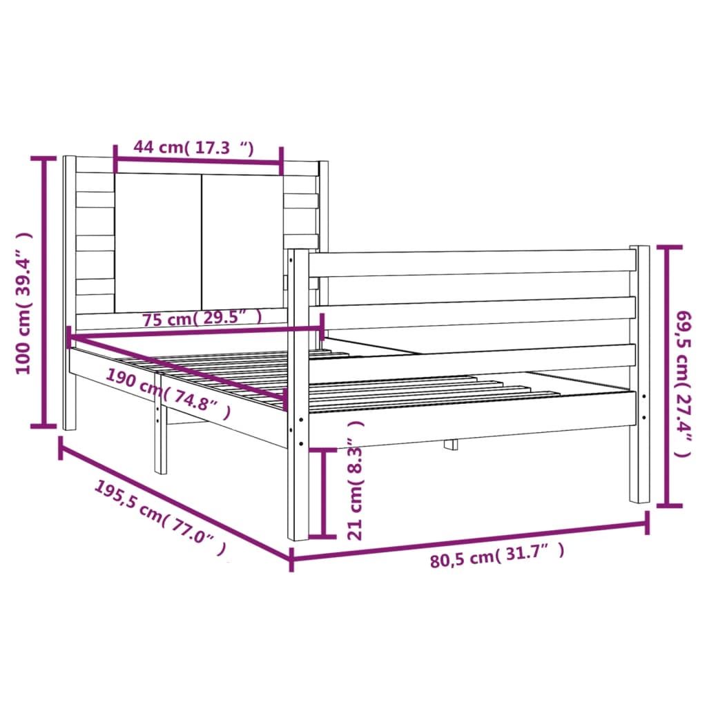 vidaXL Cadre de lit bois de pin massif 75x190 cm petit simple