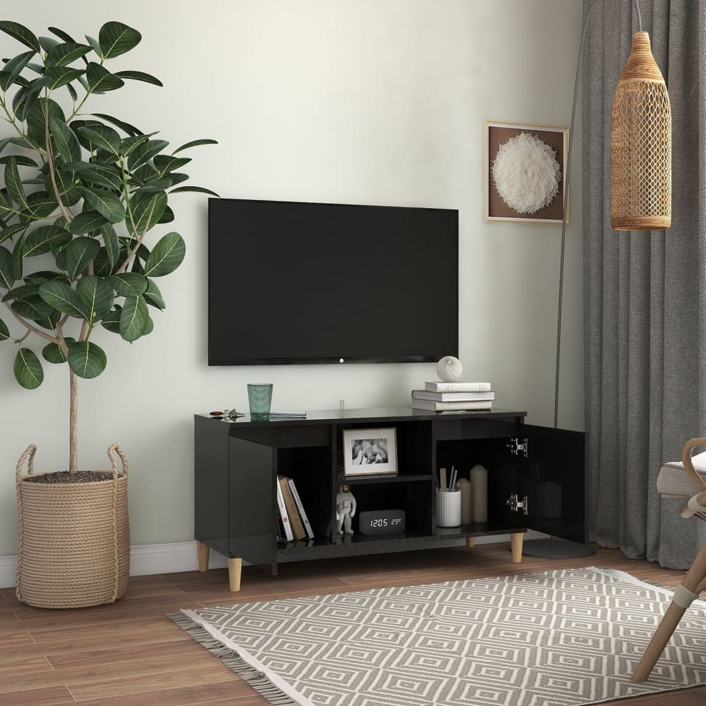 vidaXL Meuble TV avec pieds en bois Noir brillant 103,5x35x50 cm