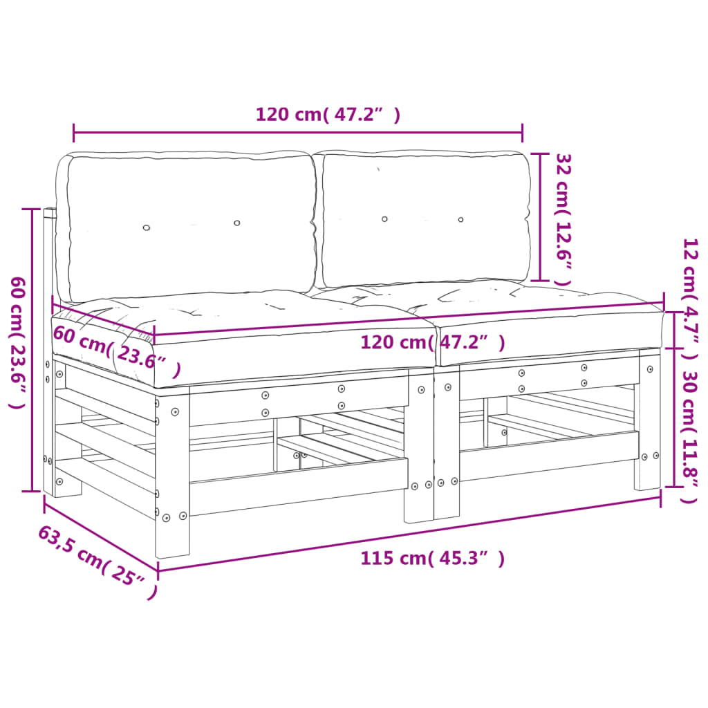 vidaXL Canapés centraux avec coussins 2 pcs bois de pin massif