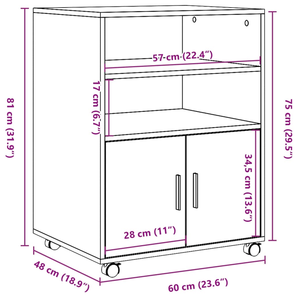 vidaXL Armoire à roulettes gris béton 60x48x81 cm bois d'ingénierie