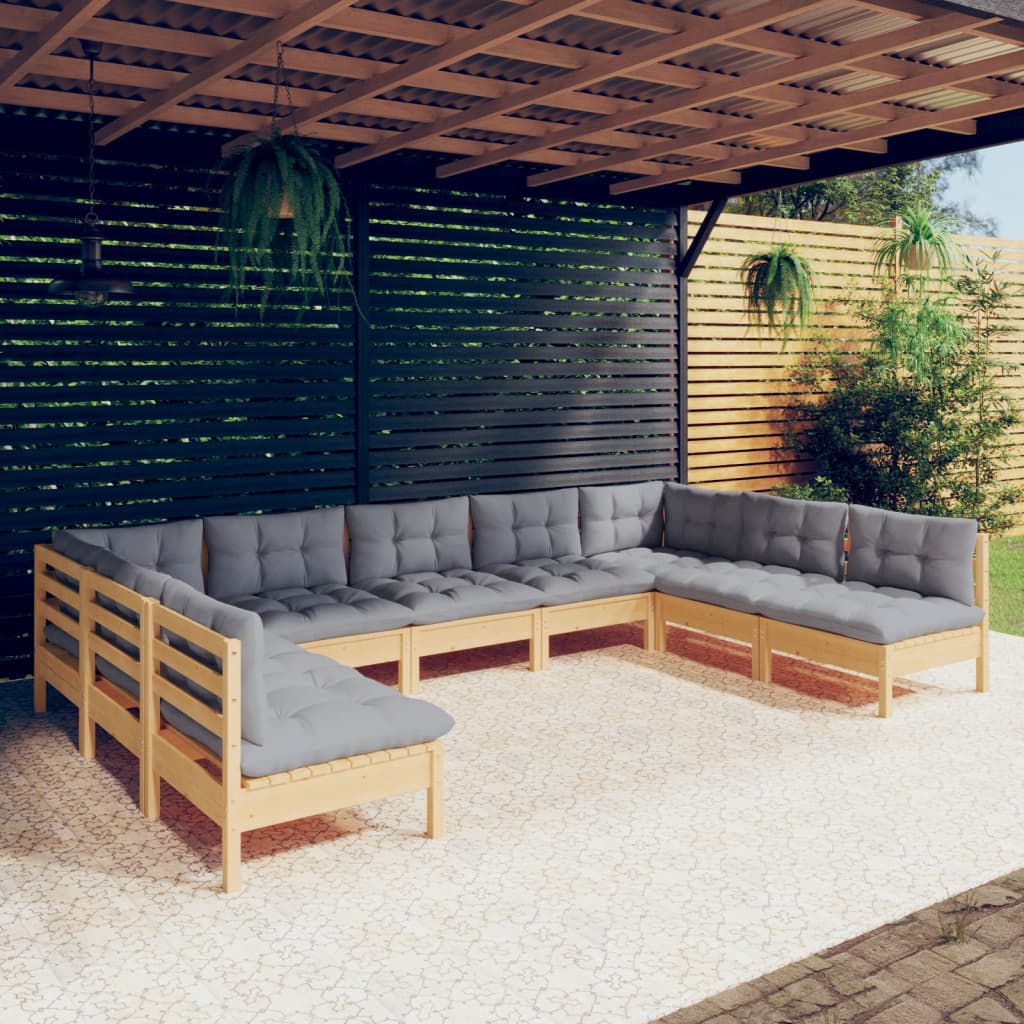 vidaXL Salon de jardin 9 pcs avec coussins gris bois de pin solide