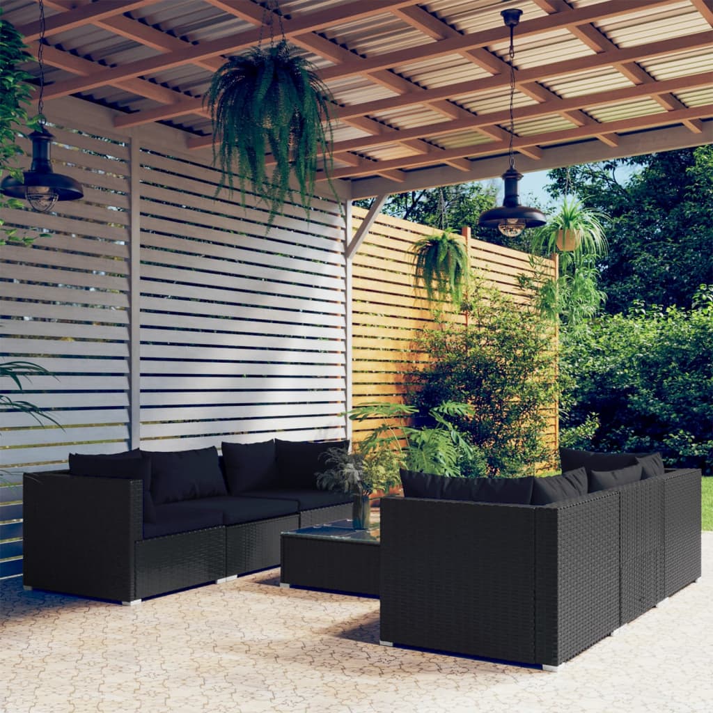 vidaXL Salon de jardin 7 pcs avec coussins Résine tressée Noir