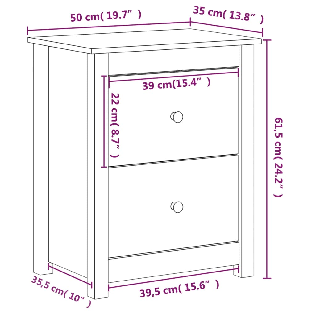 vidaXL Tables de chevet 2pcs Marron miel 50x35x61,5 cm Bois pin massif