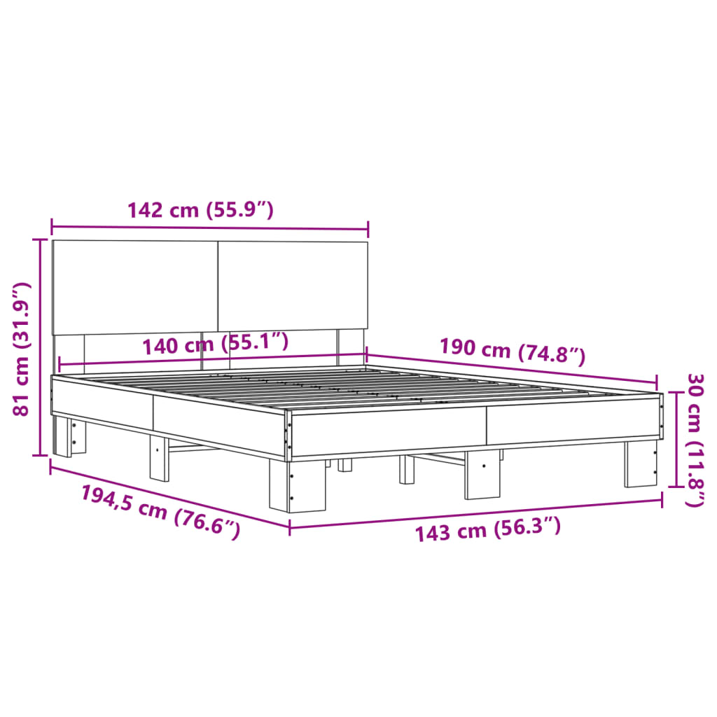 vidaXL Cadre de lit sans matelas sonoma gris 140x190 cm