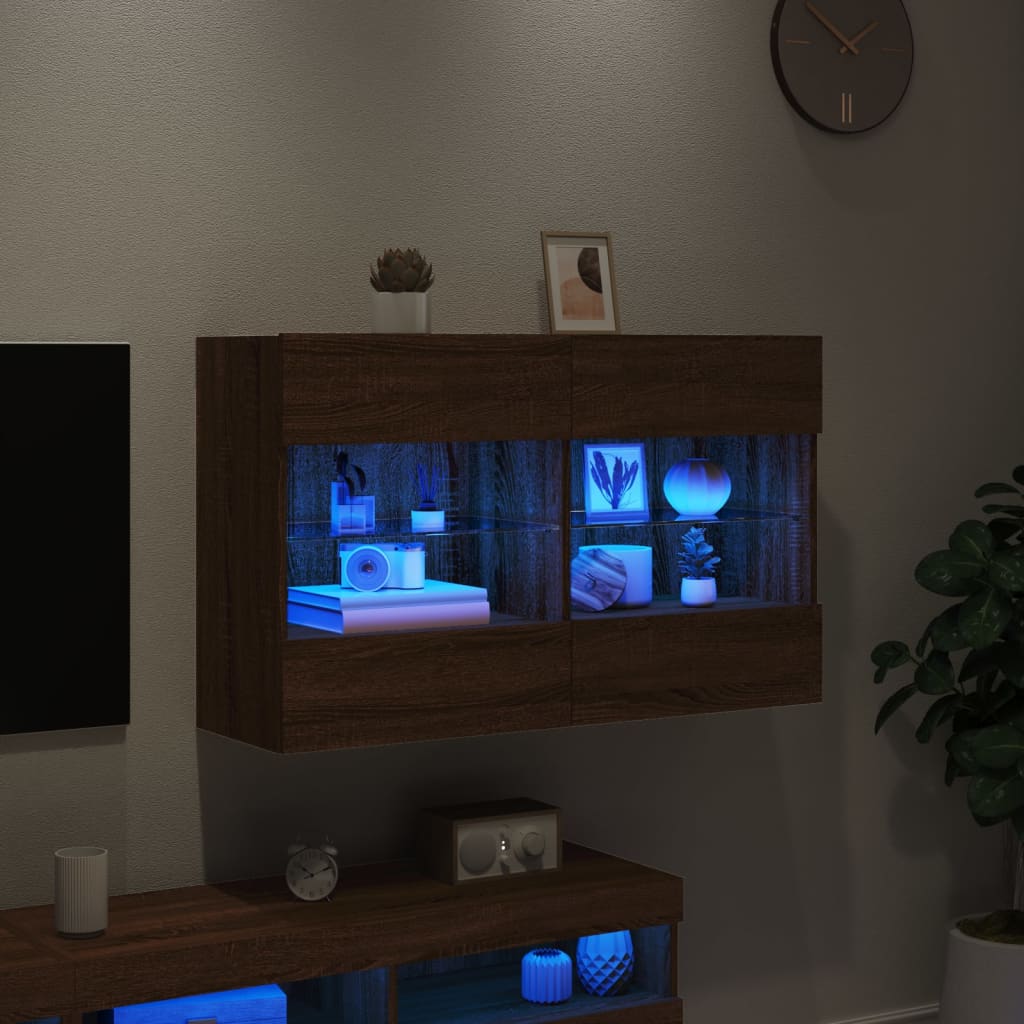 vidaXL Meuble TV mural avec lumières LED chêne marron 98,5x30x60,5 cm