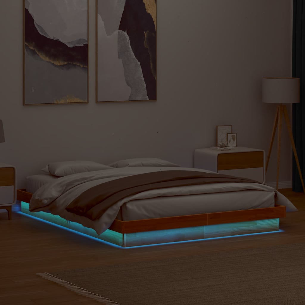 vidaXL Cadre de lit à LED cire marron 150x200 cm bois de pin massif