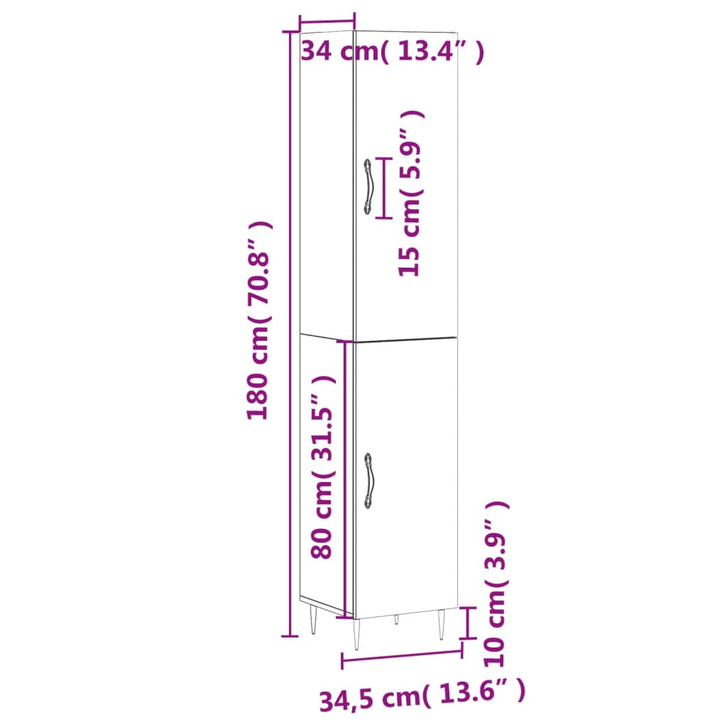 vidaXL Buffet haut Chêne fumé 34,5x34x180 cm Bois d'ingénierie